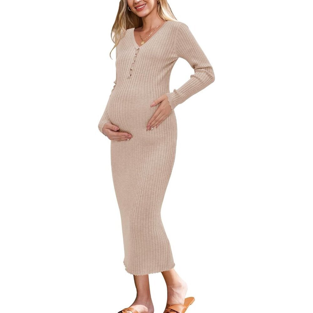 Women's Wool Blend Maternity Sweater Dress V Neck Long Sleeve Slim Fit
